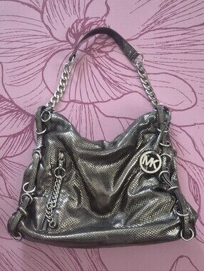 Michael Kors Gunmetal Snake-Print Chain Shoulder Bag